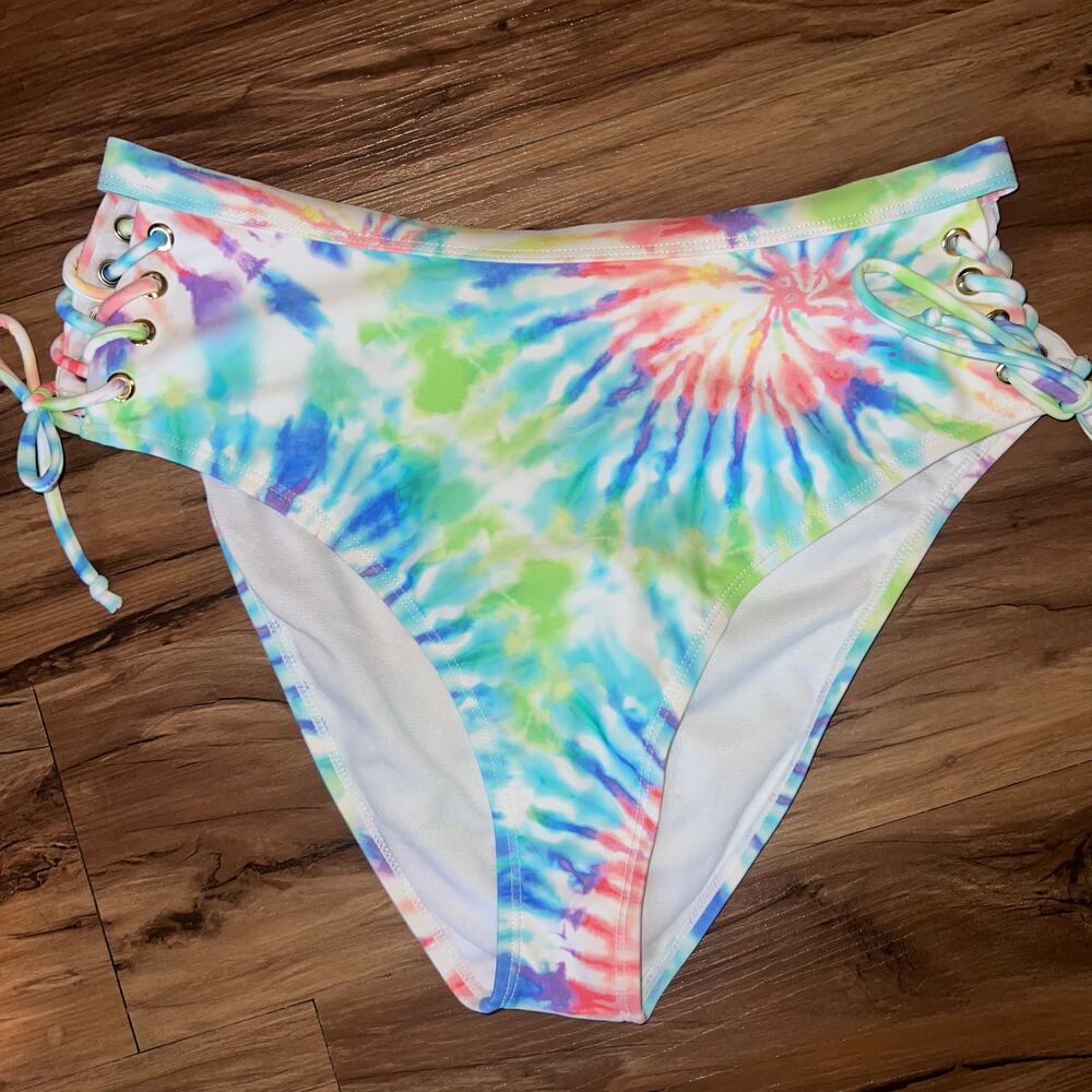 Colorful White and Tie Dye High Waisted Tigh Up Bikini Bottom Size XL